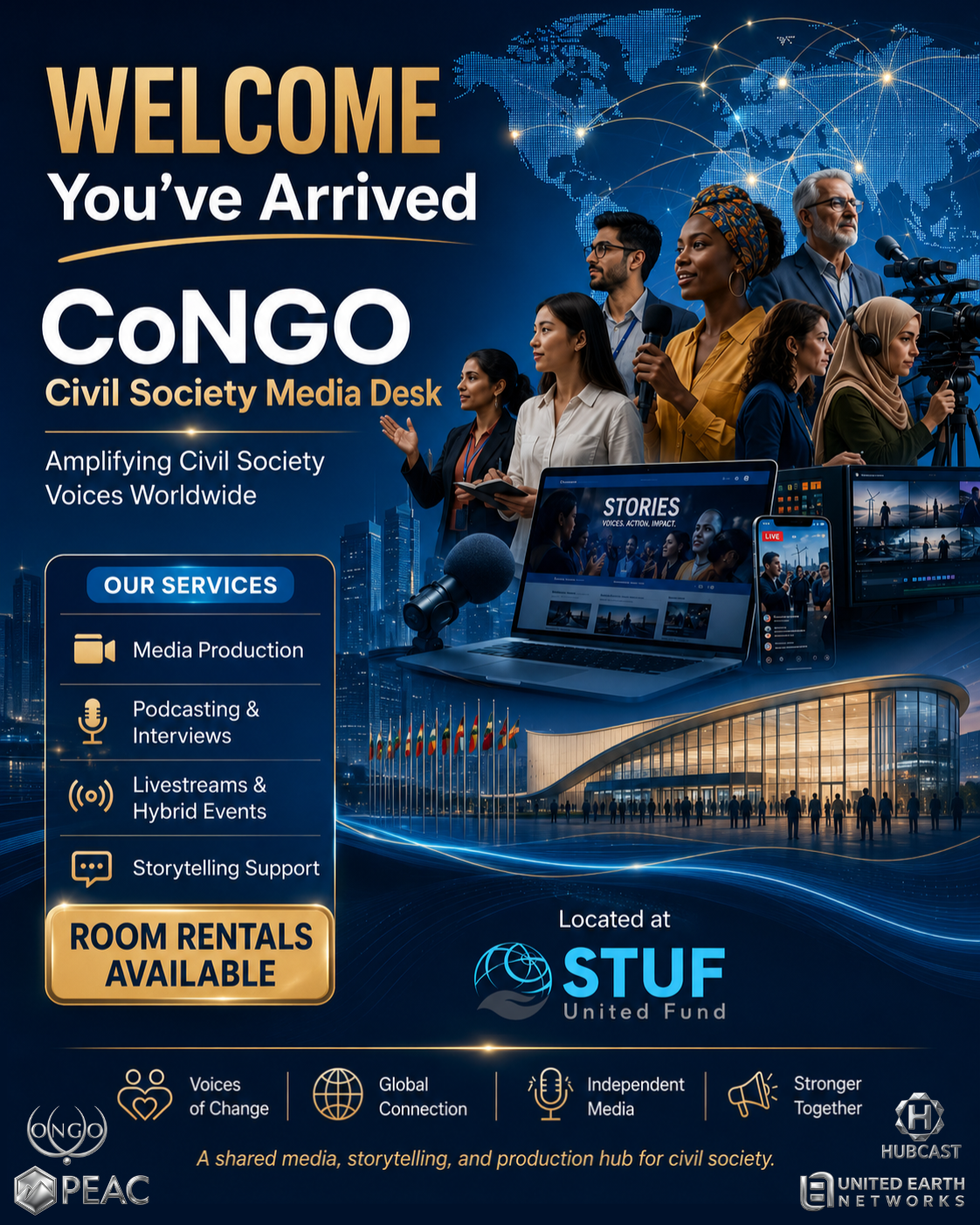 Welcome, You've Arrived — CoNGO Civil Society Media Desk poster listing media production, podcasting, livestreams, and storytelling support